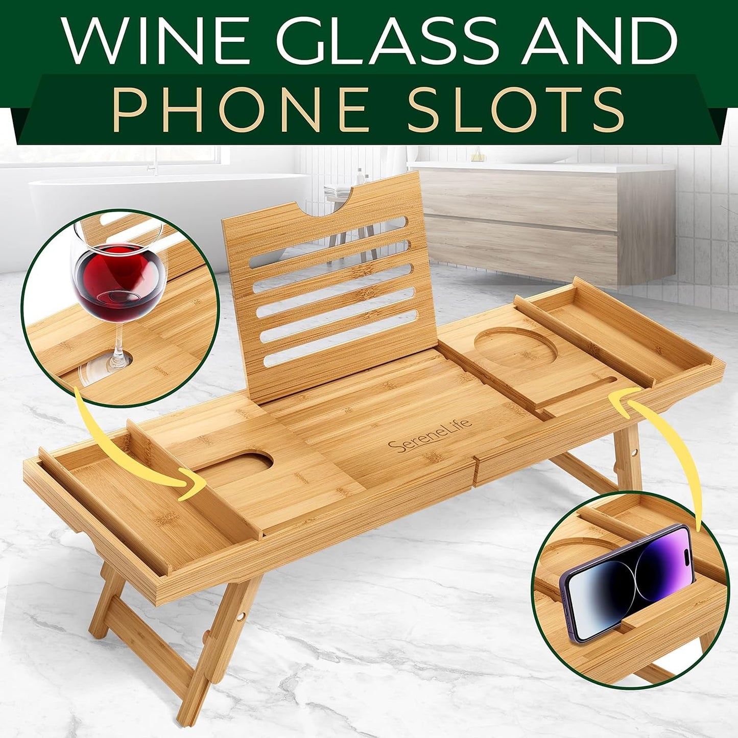 Bamboo Bath Caddy Tray – Waterproof Bathtub & Bed Tray with Wine Glass & Device Holder - Treasure Mementos