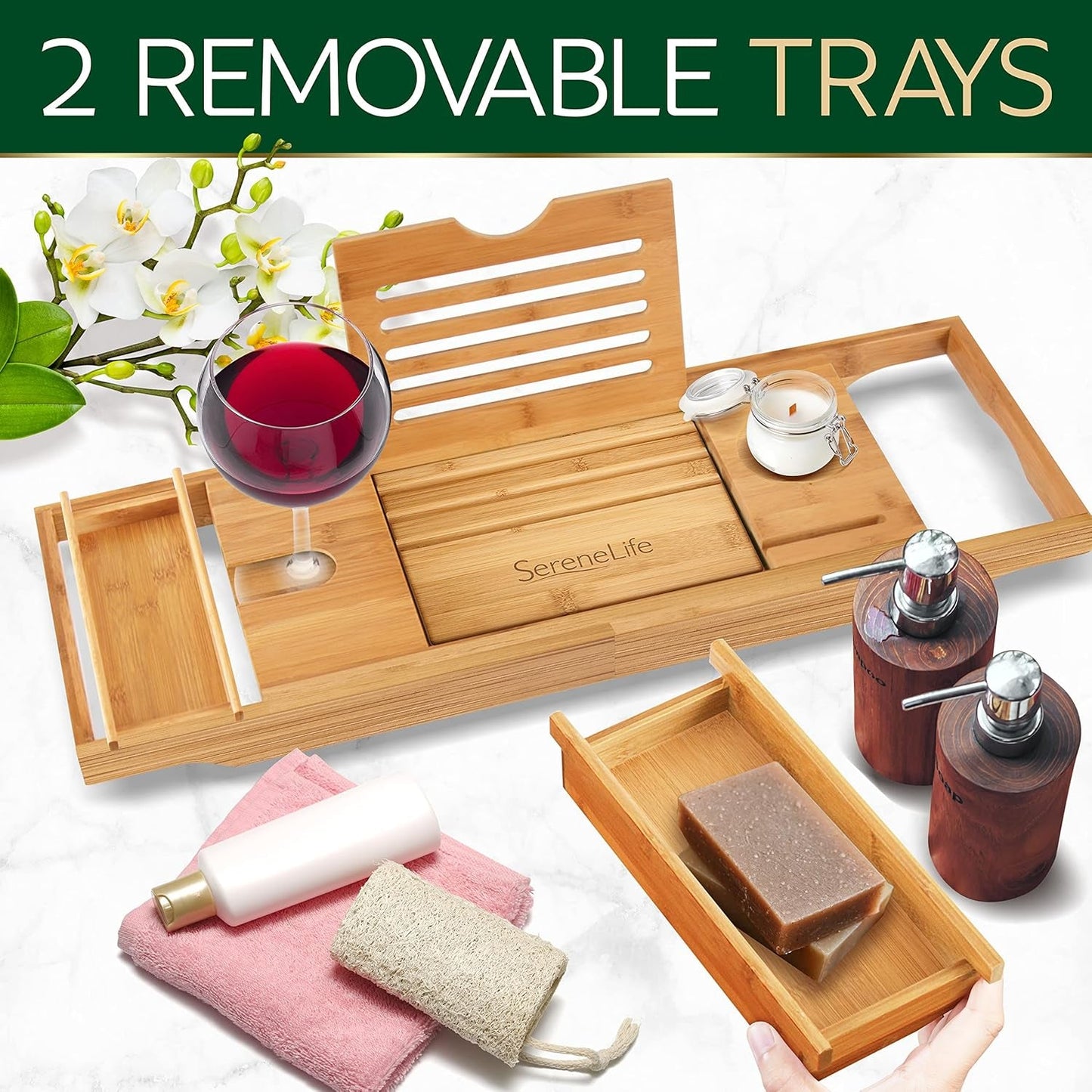 Bamboo Bath Caddy Tray – Waterproof Bathtub & Bed Tray with Wine Glass & Device Holder - Treasure Mementos