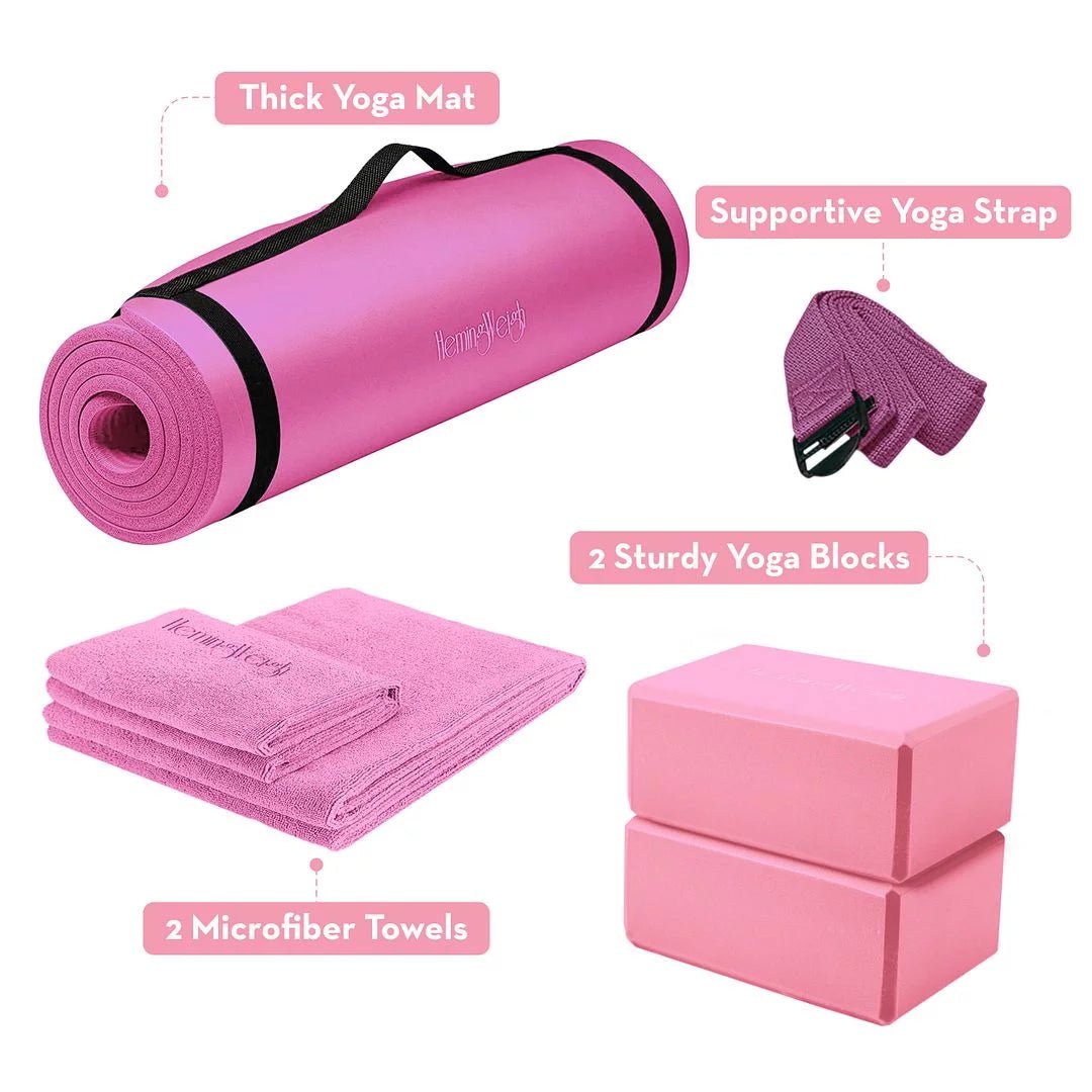 Polyester 72" Assembled Length Yoga Mat with Non - Slip Blocks, Strap, Towels, Pink - Treasure Mementos