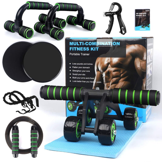 10 - in - 1 Ab Wheel Roller Kit with Bands & Push Up Bars - Treasure Mementos
