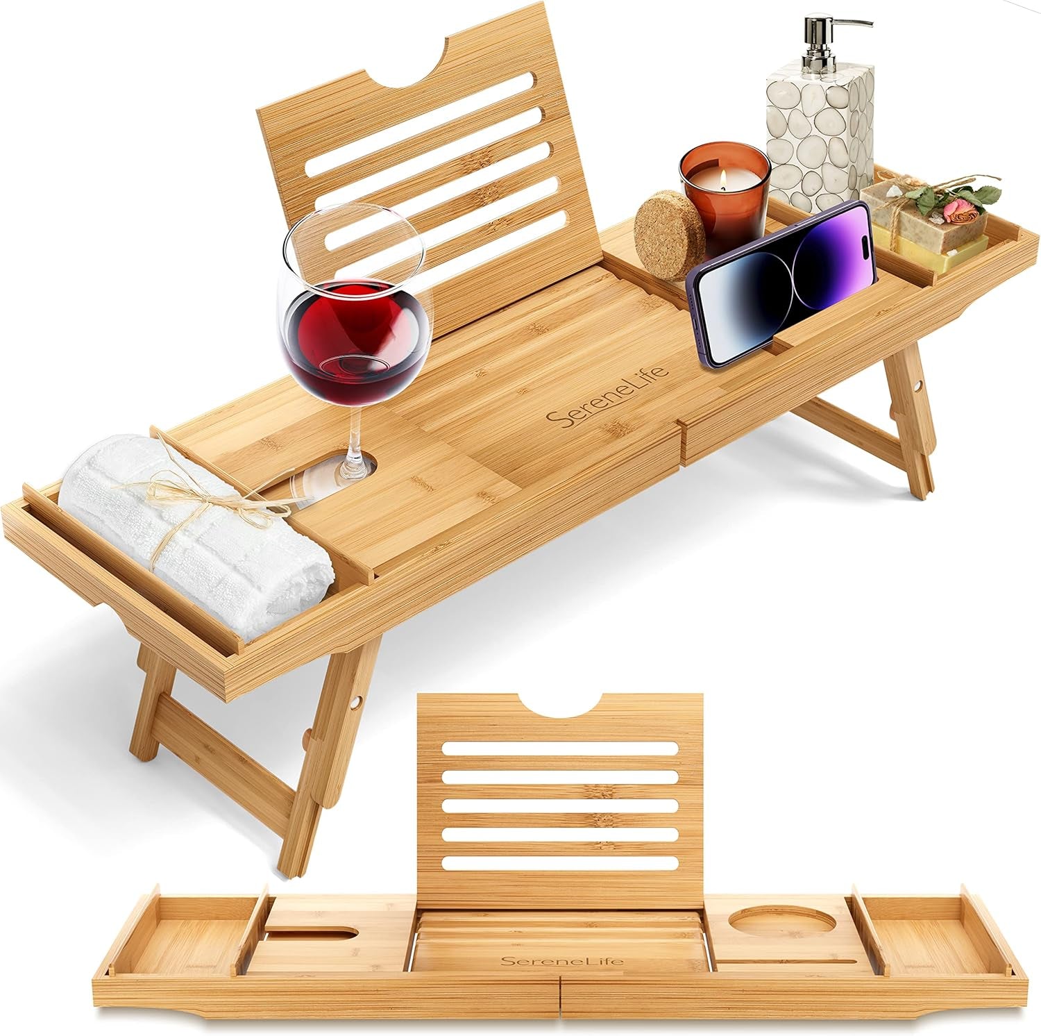 Bamboo Bath Caddy Tray – Waterproof Bathtub & Bed Tray with Wine Glass & Device Holder - Treasure Mementos