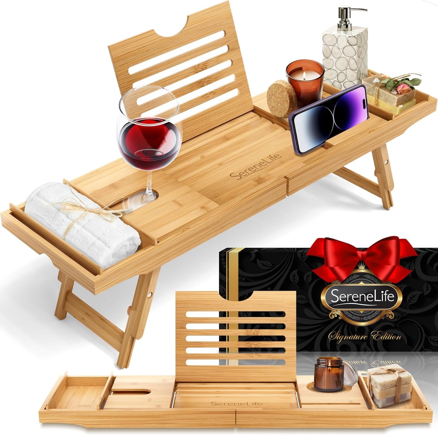 Bamboo Bath Caddy Tray – Waterproof Bathtub & Bed Tray with Wine Glass & Device Holder - Treasure Mementos