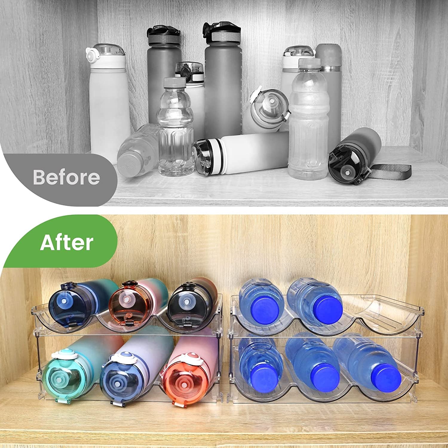 Cabinet Water/ Wine Bottle Organizer Set – 2 Pack Stackable Storage Racks for Kitchen, Pantry & Countertop, Space - Saving Water Bottle Holder - Treasure Mementos
