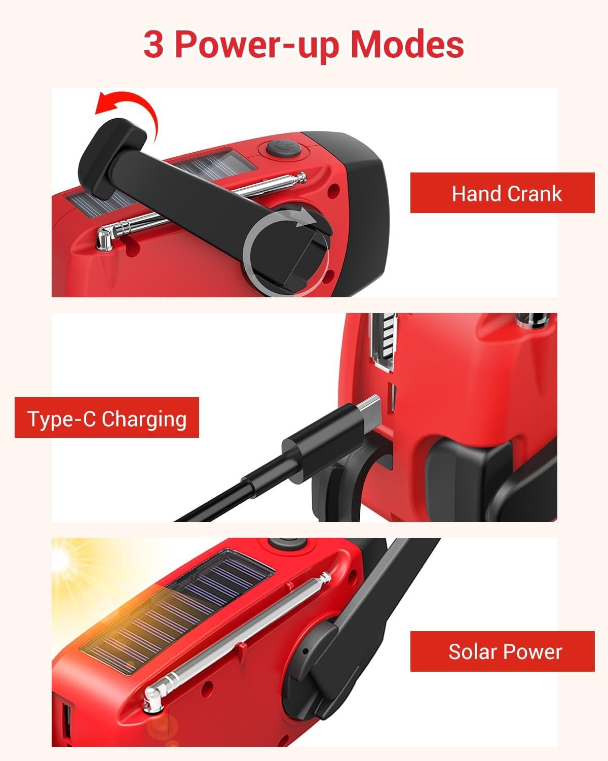 Emergency Hand Crank Radio 7400Mwh with 3 LED Flashlight, Solar Powered Rechargeable Radio for Indoor Survival Camping, SOS Alarm - Treasure Mementos